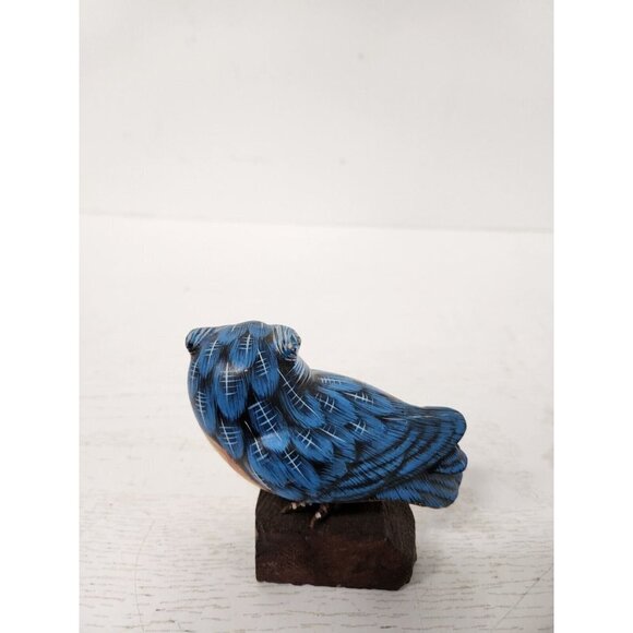 Vintage 1988 Enesco Hand Painted Ceramic Blue Owl Figurine Mounted On Wood Decor - Picture 5 of 9